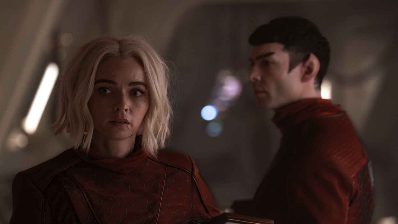 (L to R) Jess Bush as Chapel and Ethan Peck as Spock in season 3 , Episode 1 of ‘Strange New Worlds’ streaming on Paramount+. Photo: Marni Grossman/Paramount+.