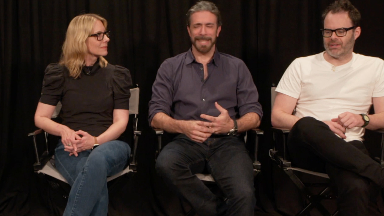 (L to R) Erica Rivinoja, Alessandro Carloni, and Bill Hader attend a press conference event for 'The Cat in the Hat' trailer launch. Photo: Warner Bros.