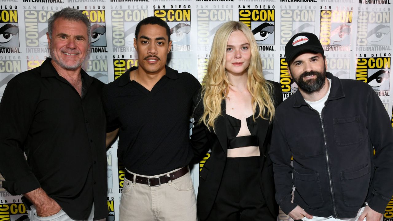 (L to R) Alec Gillis, Dimitrius Schuster-Koloamatangi, Elle Fanning and director Dan Trachtenberg at San Diego Comic-Con 2025 Hall H panel for 'Predator: Badlands'. Photo: Disney.