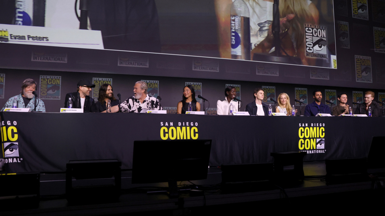 (L to R) The cast and crew of 'TRON: Ares' at the 2025 San Diego Comic-Con Hall H Panel. Photo: Disney.