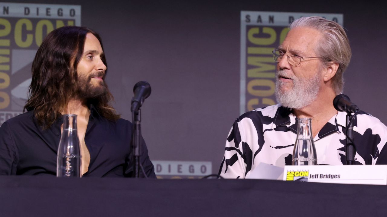 (L to R) Jared Leto and Jeff Bridges at the 2025 San Diego Comic-Con Hall H Panel for 'TRON: Ares'. Photo: Disney.