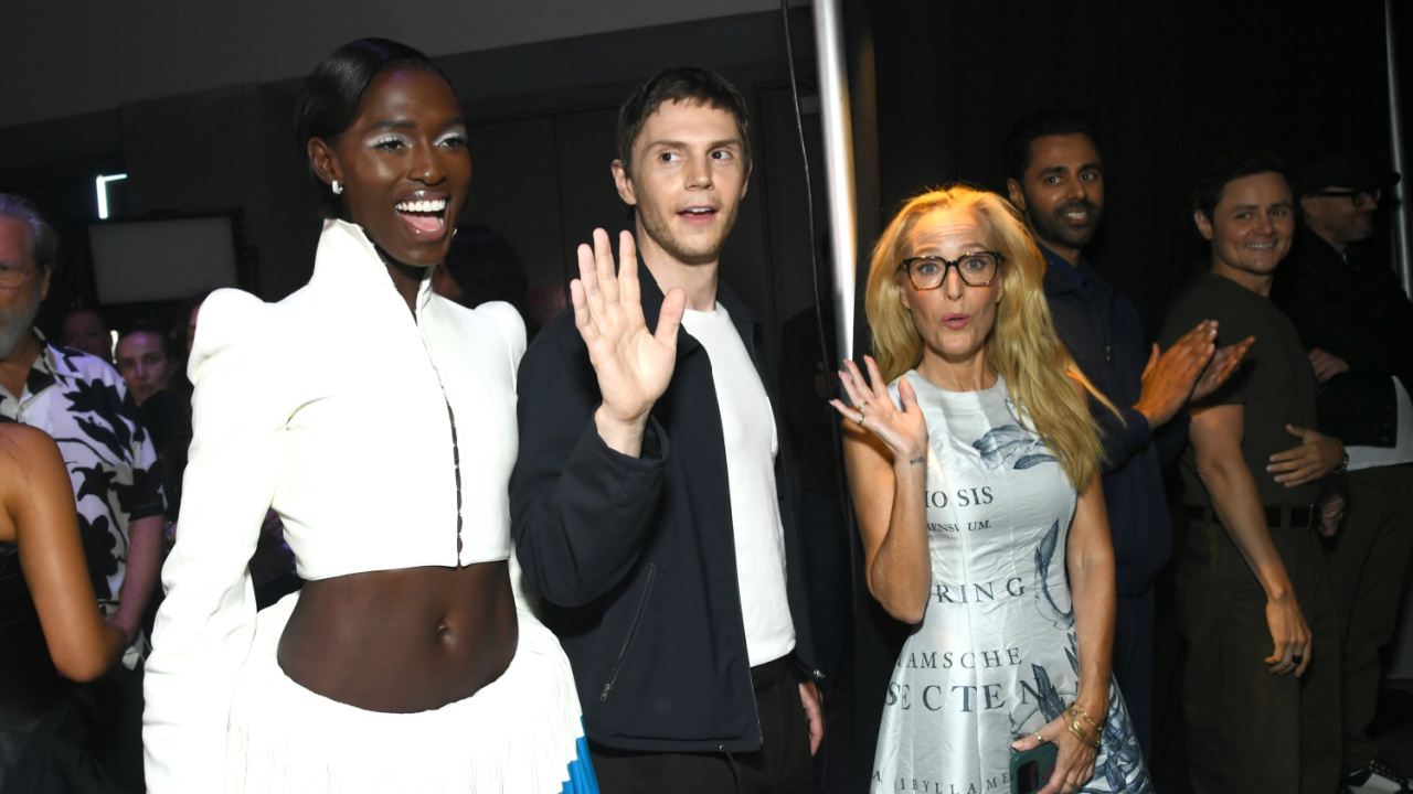 (L to R) Jodie Turner-Smith, Evan Peters and Gillian Anderson at San Diego Comic-Con 2025 for 'TRON: Ares'. Photo: Disney.