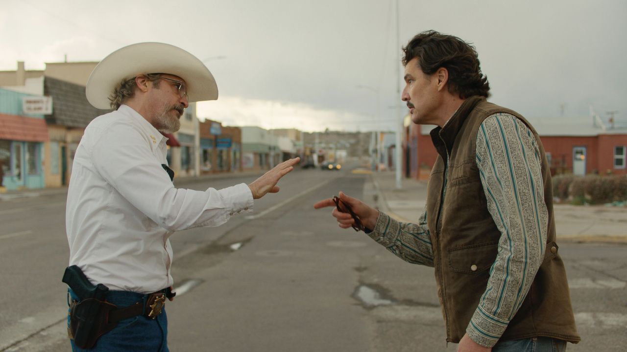 (L to R) Joaquin Phoenix and Pedro Pascal in 'Eddington'. Photo: A24.