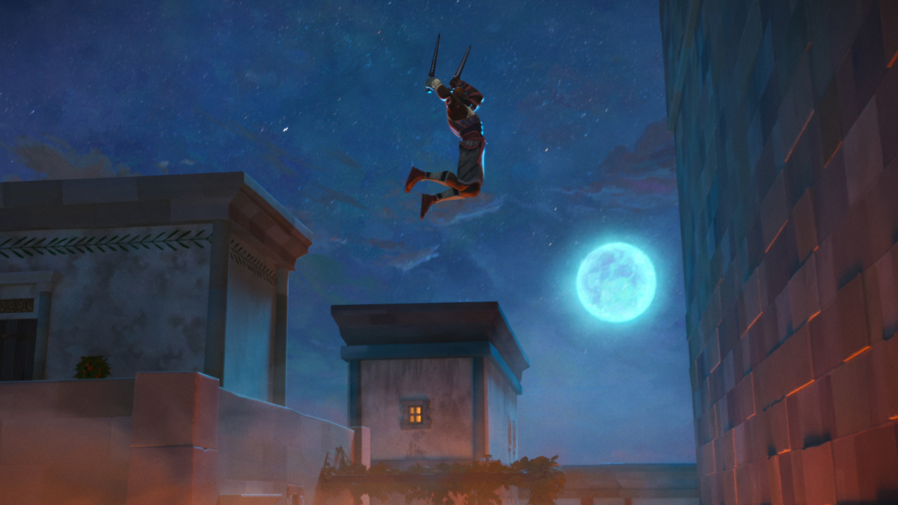 Memnon (Larry Herron) jumping to scale the walls of Troy in Marvel Animation's 'Eyes of Wakanda', exclusively on Disney+. Photo courtesy of Marvel. © 2025 MARVEL. All Rights Reserved.