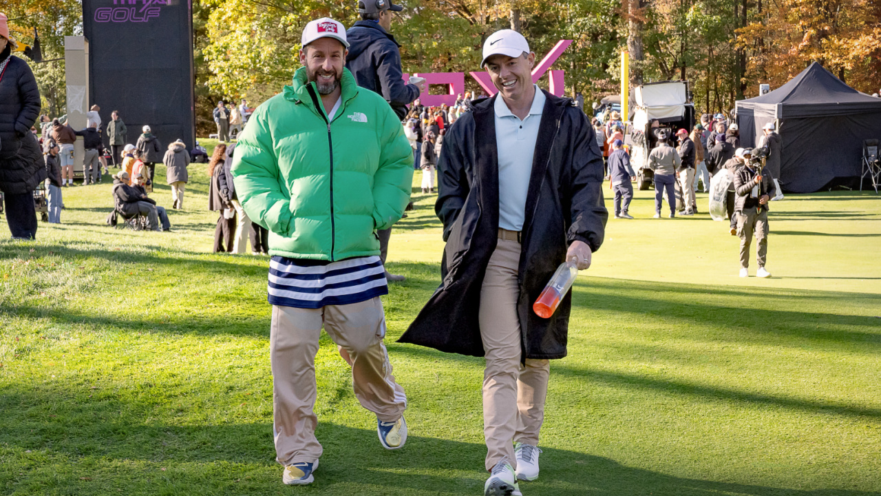 (L to R) Adam Sandler as Happy Gilmore and Rory McIlroy as himself on the set of 'Happy Gilmore 2'. Photo: Scott Yamano/Netflix © 2025.