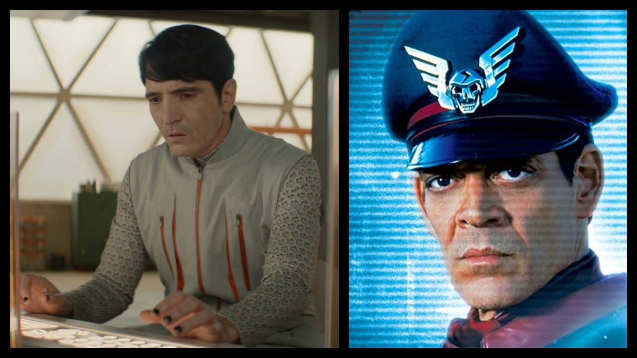 (Left) David Dastmalchian in 'Murderbot,' premiering May 16, 2025 on Apple TV+. (Right) Raúl Juliá in 1994's 'Street Fighter'. Photo: Universal Pictures.