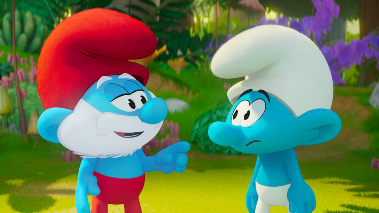 (L to R) Papa Smurf (John Goodman) and No Name (James Corden) in 'Smurfs' from Paramount Animation. Photo: Paramount Pictures.