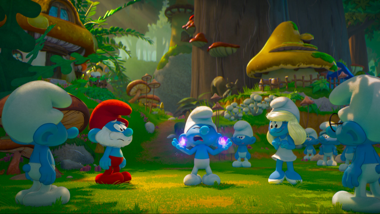 (L to R) Papa Smurf (John Goodman), No Name (James Corden), Smurfette (Rihanna) and Brainy Smurf (Xolo Mariduena) in 'Smurfs' from Paramount Animation. Photo: Paramount Pictures.