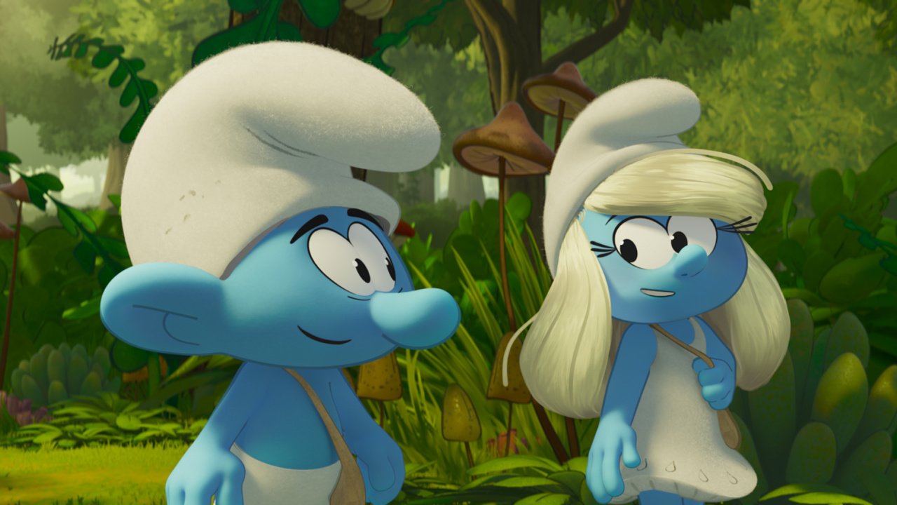 (L to R) No Name (James Corden) and Smurfette (Rihanna) in 'Smurfs' from Paramount Animation. Photo: Paramount Pictures.