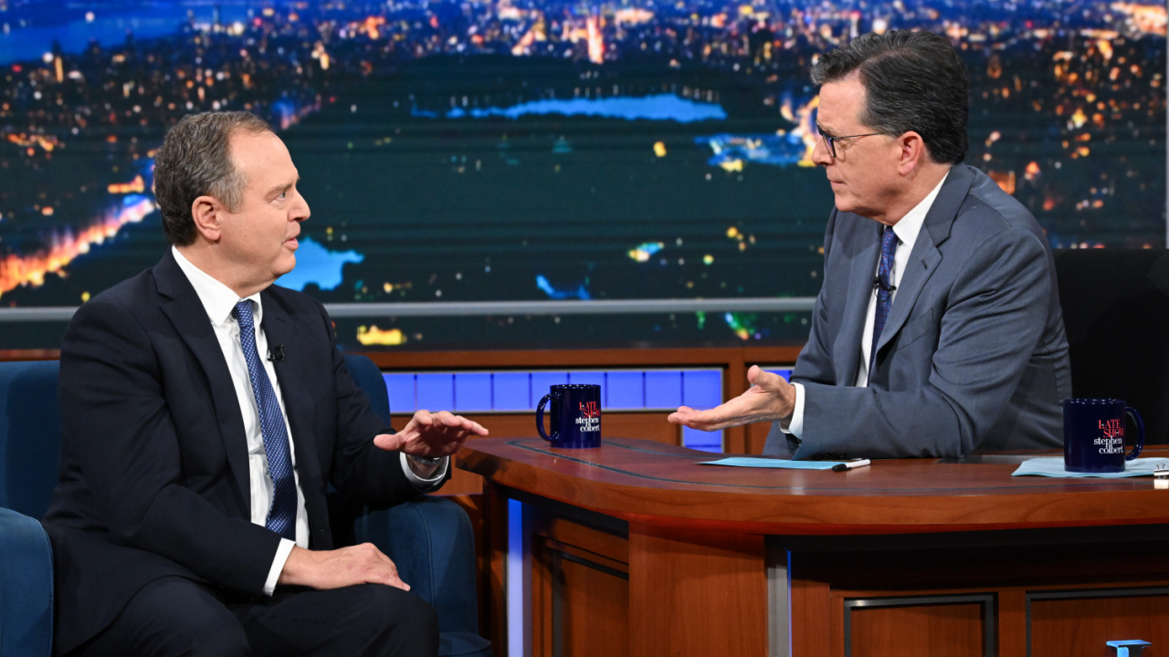 'The Late Show with Stephen Colbert' and guest Sen. Adam Schiff during Thursday’s July 17, 2025 show. Photo: Scott Kowalchyk ©2025 CBS Broadcasting Inc. All Rights Reserved.