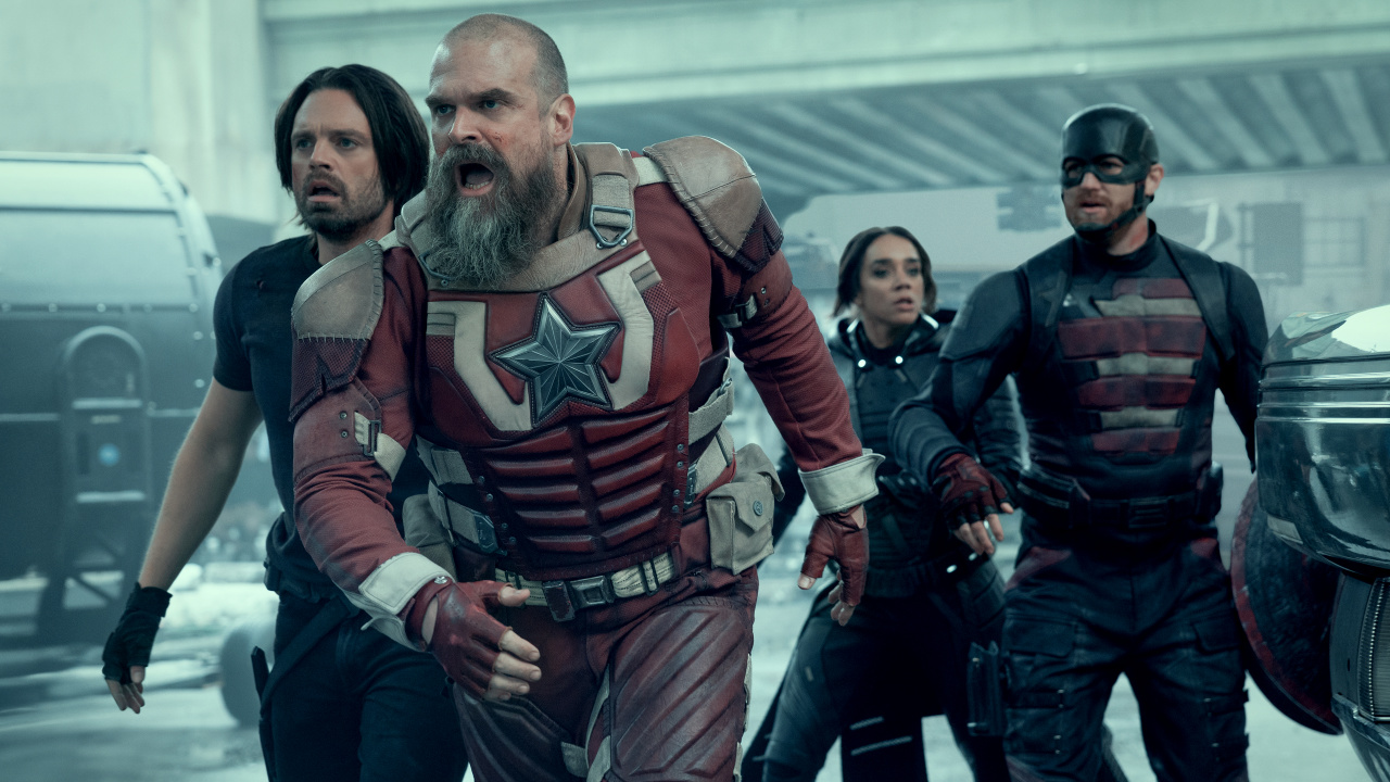 (L to R) Bucky Barnes (Sebastian Stan), Alexei Shostakov / Red Guardian (David Harbour), Ghost (Hannah John-Kamen), and John Walker (Wyatt Russell) in Marvel Studios' 'Thunderbolts*'. Photo by Chuck Zlotnick. © 2024 Marvel.
