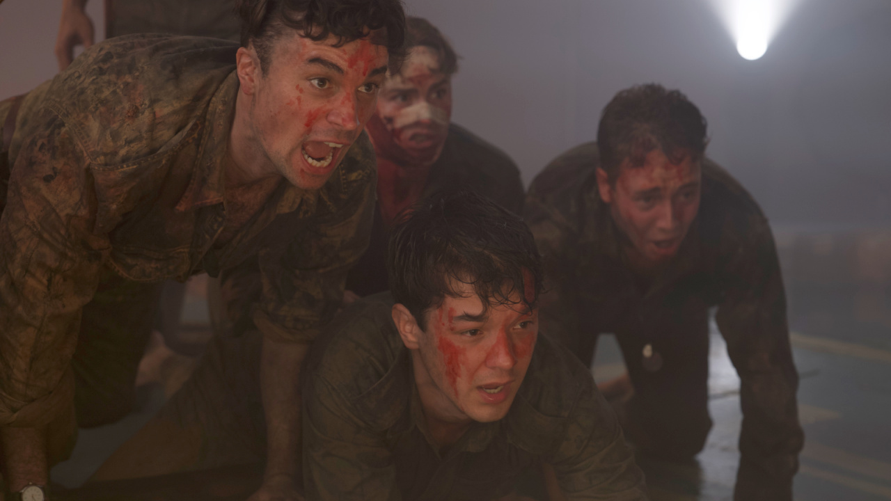 (L to R) Mark Coles Smith as “Leo,” Maximillian Johnson as “Stan,” Joel Nankervis as “Will,” and Lee Tiger Halley as “Teddy” in the thriller film 'Beast of War'. Photo courtesy of Well Go USA Entertainment.
