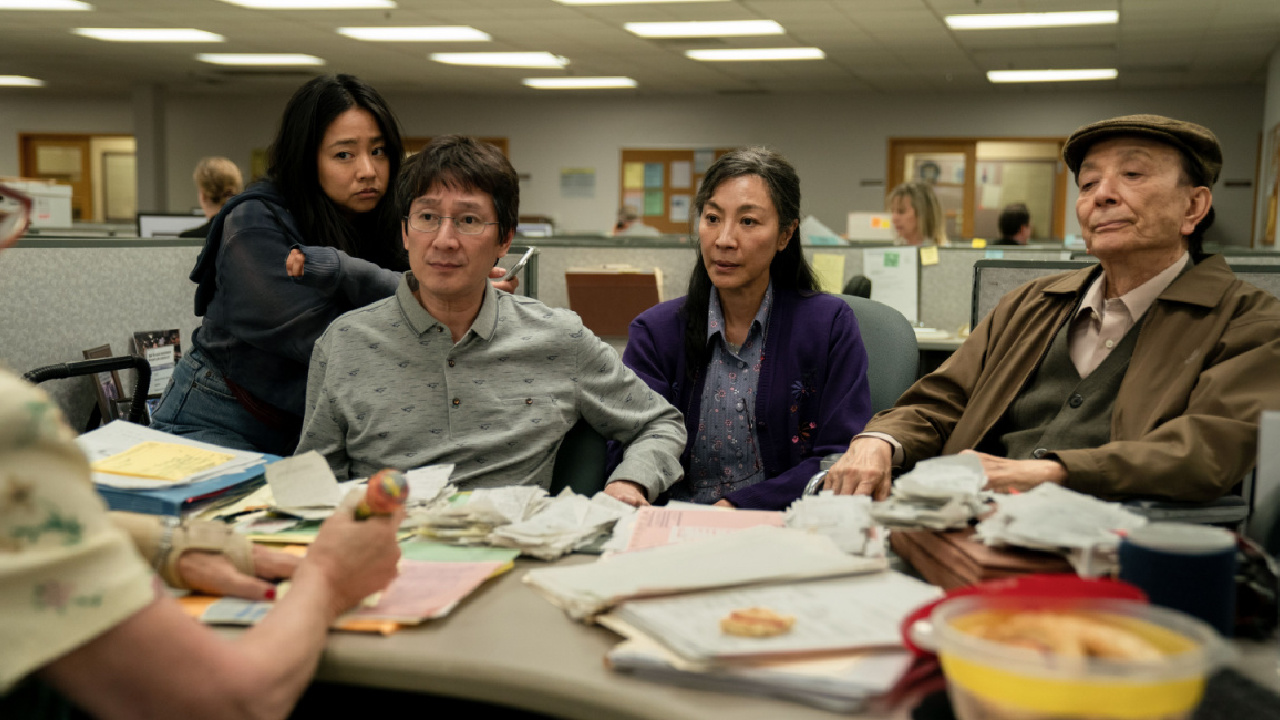 (L to R) Jamie Lee Curtis, Stephanie Hsu, Ke Huy Quan, Michelle Yeoh, and James Hong in A24's 'Everything Everywhere All at Once.'