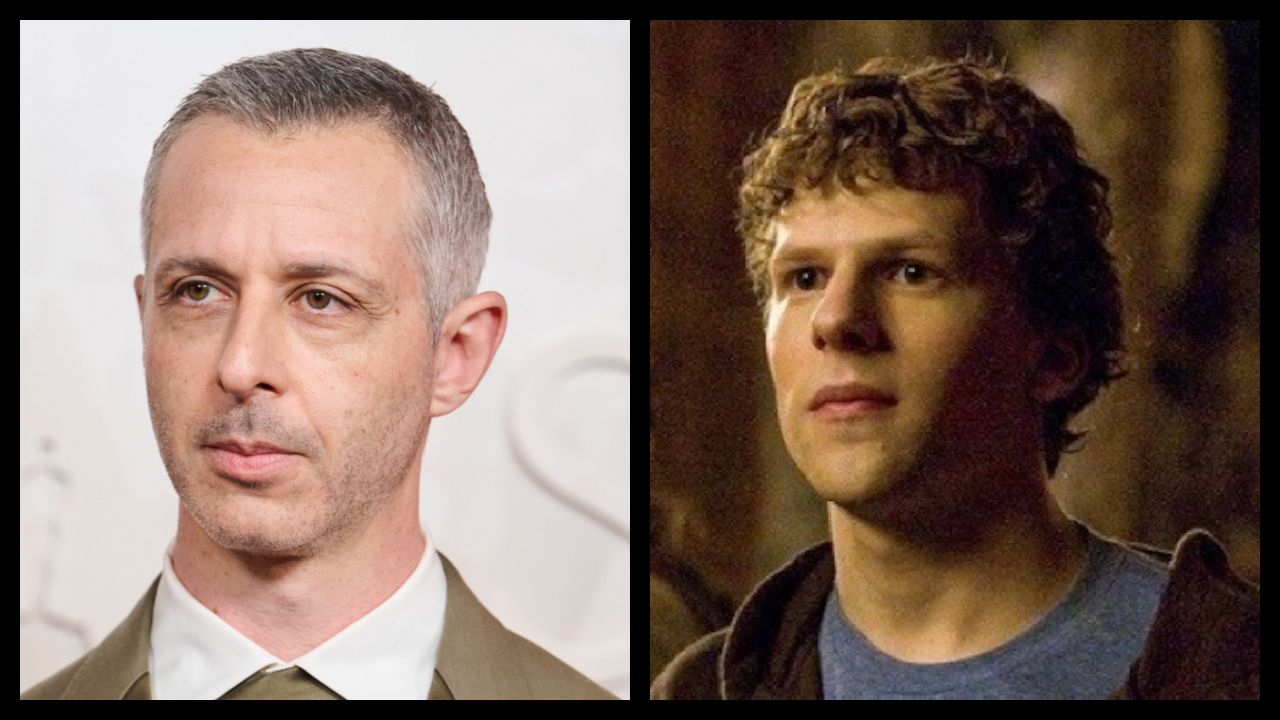 (Left) Jeremy Strong arrives on the red carpet of the 97th Oscars® at the Dolby® Theatre at Ovation Hollywood on Sunday, March 2, 2025. Credit/Provider: Etienne Laurent / The Academy. Copyright: ©A.M.P.A.S. (Right) Jesse Eisenberg in 'The Social Network'. Photo: Sony Pictures Releasing.