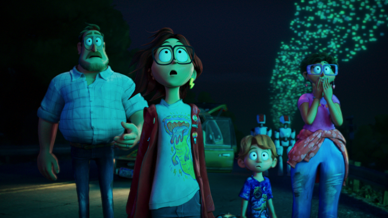 (L-R) Danny McBride as “Rick Mitchell”, Abbi Jacobson as “Katie Mitchell", Mike Rianda as “Aaron Mitchell” in ‘The Mitchells vs. the Machines.’ ©2021 SPAI. All Rights Reserved.