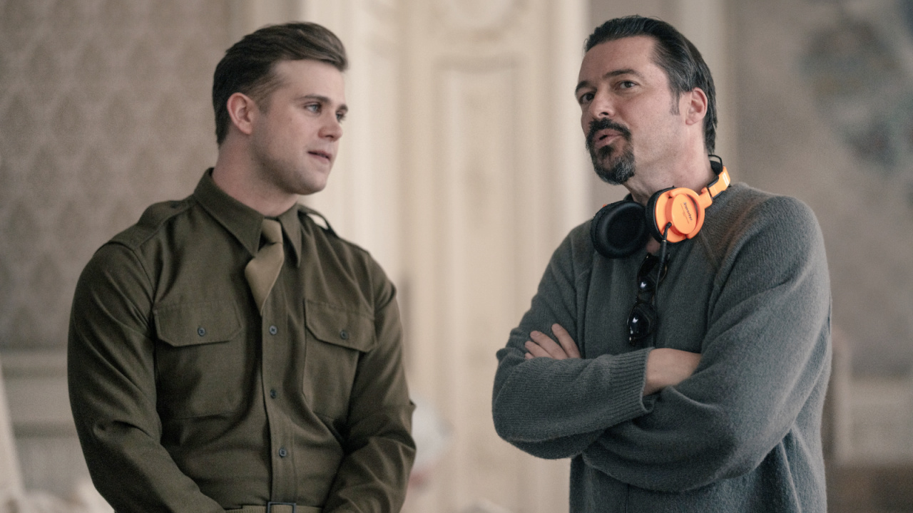 (L to R) Leo Woodall and James Vanderbilt on the set of ‘Nuremberg’. Photo: Scott Garfield. Courtesy of Sony Pictures Classics.