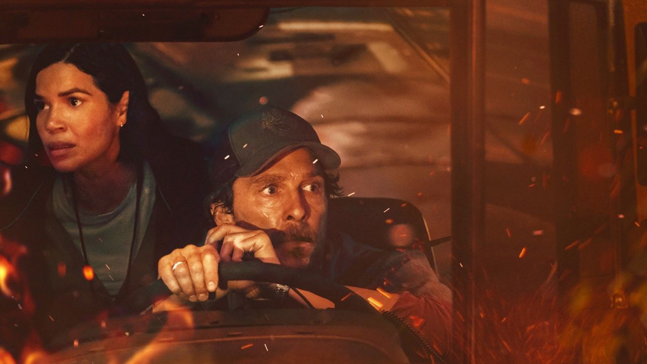 (L to R) America Ferrera and Matthew McConaughey in ‘The Lost Bus,’ now streaming on Apple TV+.