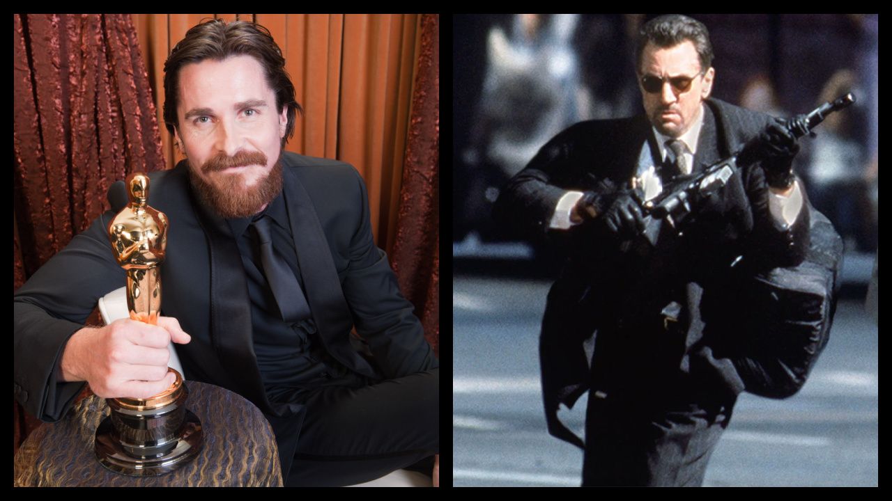 (Left) Oscar®-winning actor Christian Bale, winner for Performance by an Actor in a Supporting Role for his role in “The Fighter," poses backstage during the live ABC Televison Network broadcast of the 83rd Annual Academy Awards Awards® from the Kodak Theatre in Hollywood, CA Sunday, February 27, 2011. Credit/Provider: Todd Wawrychuk / ©A.M.P.A.S. Copyright: ©A.M.P.A.S. (Right) Robert De Niro in 'Heat'. Photo: Warner Bros.