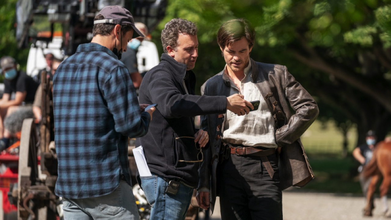 (L to R) Directors Jonathan Goldstein and John Francis Daley and Chris Pine on the set of 'Dungeons & Dragons: Honor Among Thieves' from Paramount Pictures and eOne.