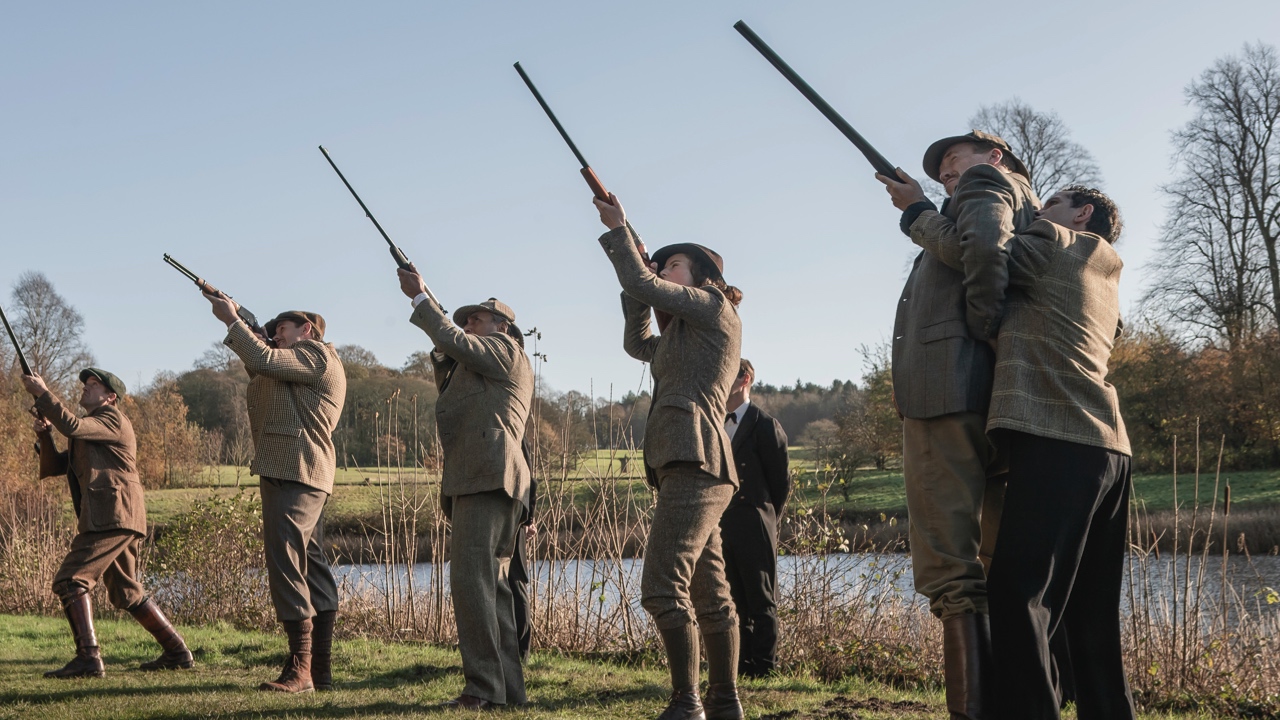 (L to R): Tom Felton, Ramon Tikaram, Thomasin McKenzie, Damian Lewis, and Nathan McMullen in Bleecker Street's 'Fackham Hall.' Photo: Bleecker Street.