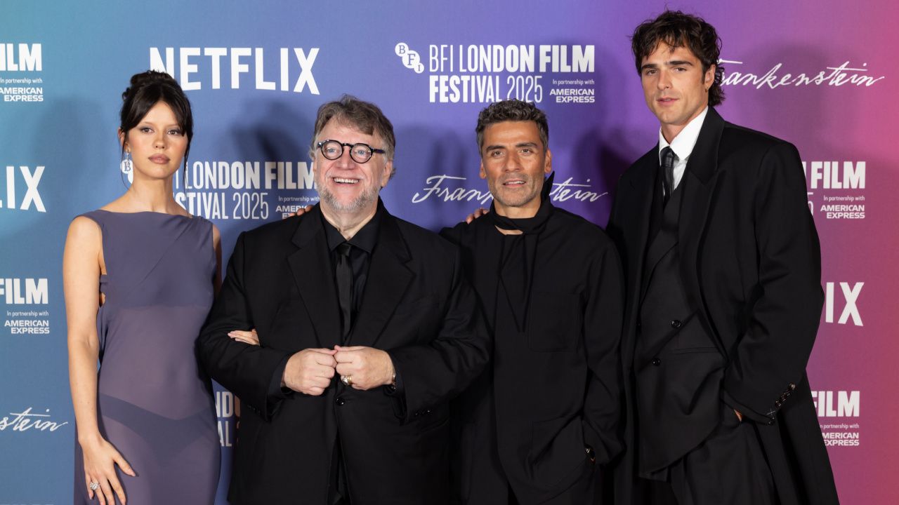 (L to R) Mia Goth, Guillermo del Toro, Oscar Isaac and Jacob Elordi attend the Headline Gala screening of Netflix's 'Frankenstein' during the 69th BFI London Film Festival at The Royal Festival Hall on October 13th, 2025 in London, England. Photo by StillMoving.Net for Netflix.