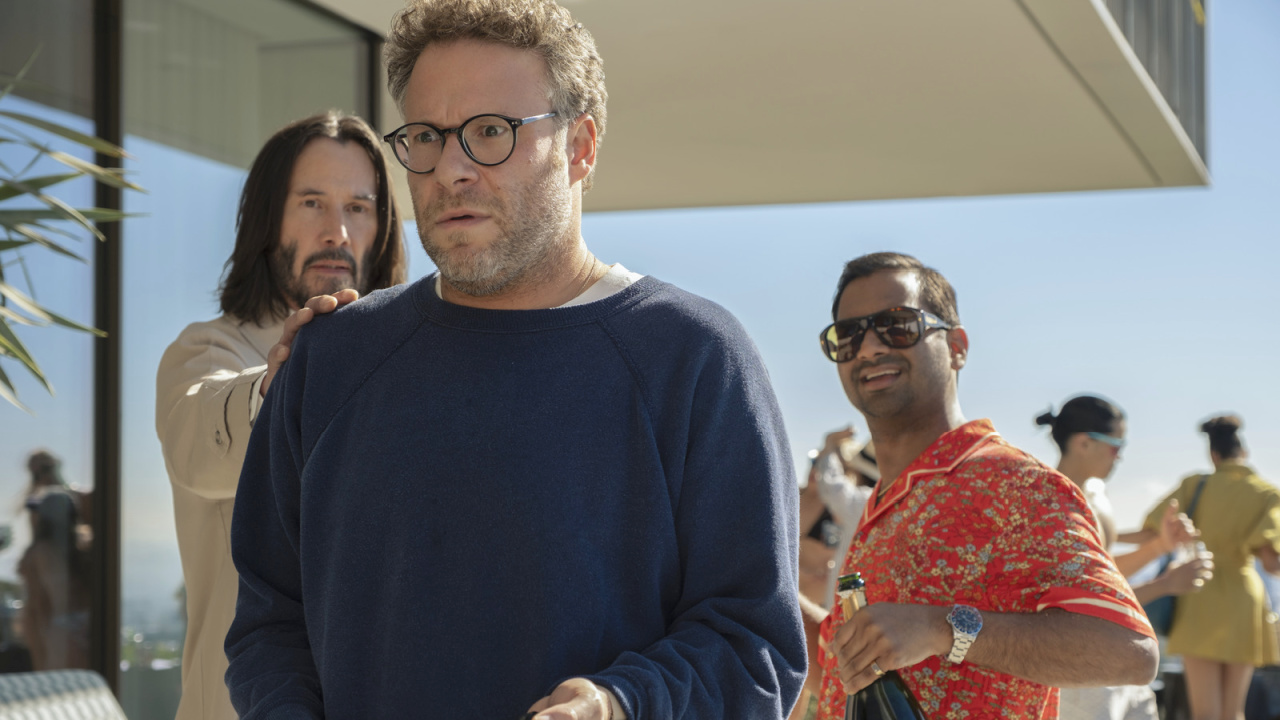 (L to R) Keanu Reeves, Seth Rogen and Aziz Ansari in 'Good Fortune'. Photo: Lionsgate.