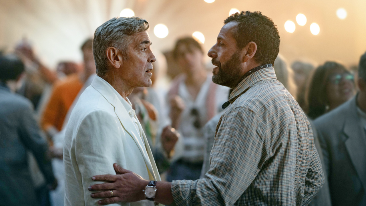 (L to R) George Clooney as Jay Kelly and Adam Sandler as Ron Sukenick in 'Jay Kelly'. Cr. Peter Mountain/Netflix © 2025.