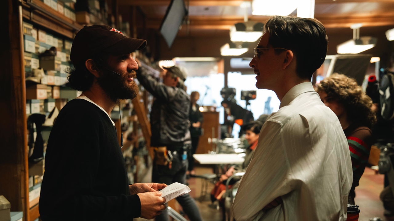 Director Josh Safdie and actor Timothée Chalamet on the set of ‘Marty Supreme’. Photo: A24.