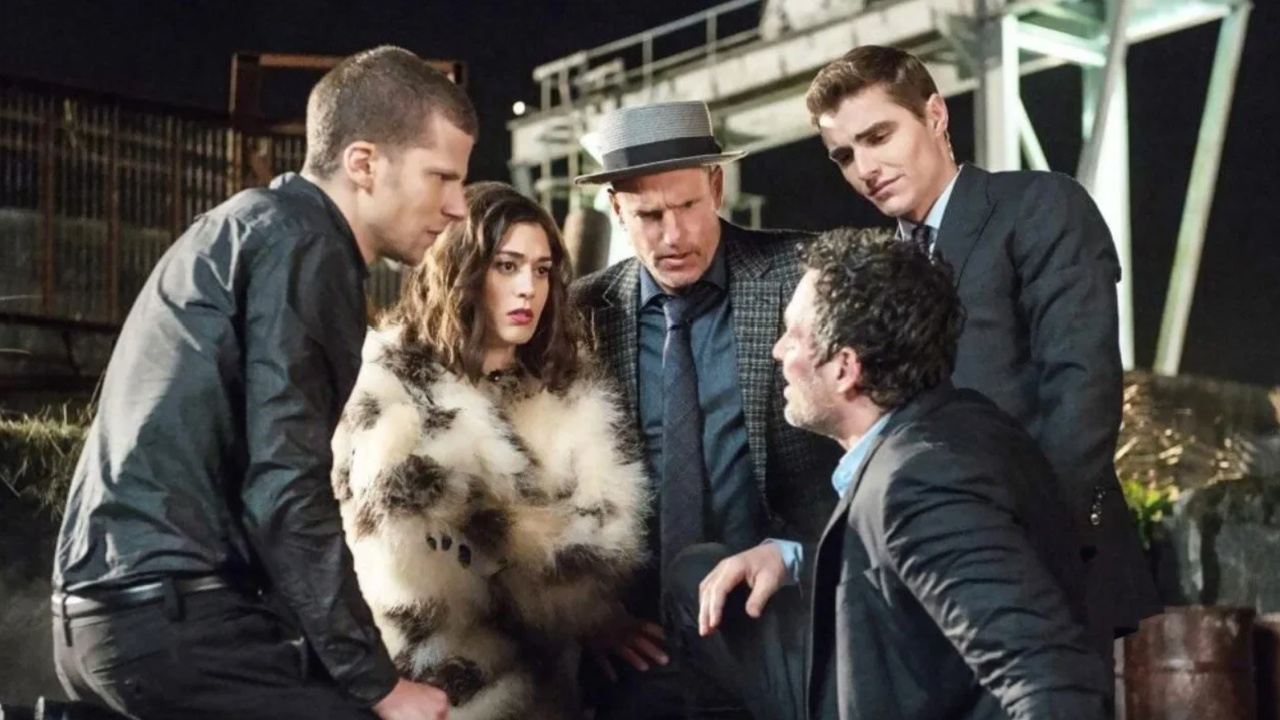(L to R) Jesse Eisenberg, Lizzy Caplan, Woody Harrelson, Dave Franco and Mark Ruffalo in 'Now You See Me 2'. Photo: Lionsgate.