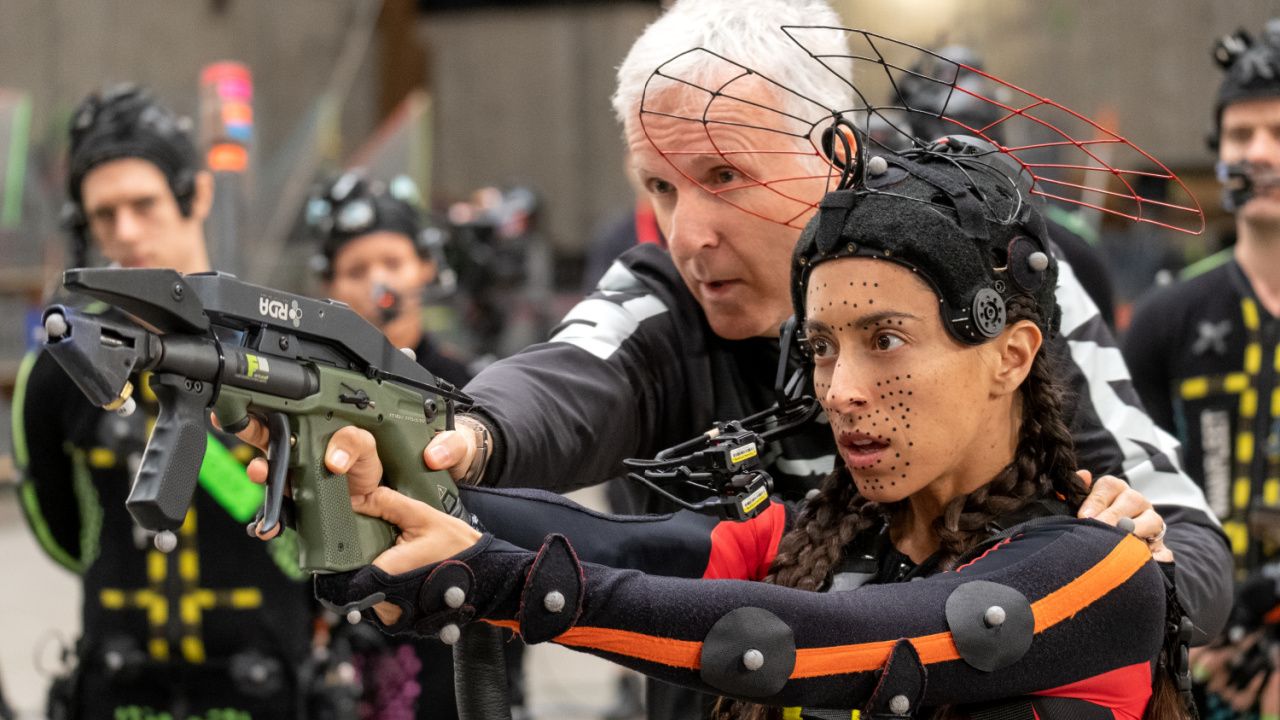(L to R) Director James Cameron and Oona Chaplin on the set of 20th Century Studios' 'Avatar: Fire and Ash'. Photo by Mark Fellman. © 2025 20th Century Studios. All Rights Reserved.