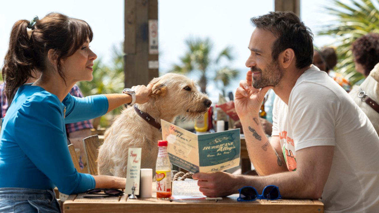 (L to R) Zooey Deschanel, Gus and Charlie Cox in 'Merv'. Photo Credit: Dana Hawley/Prime Video. © Amazon Content Services LLC.