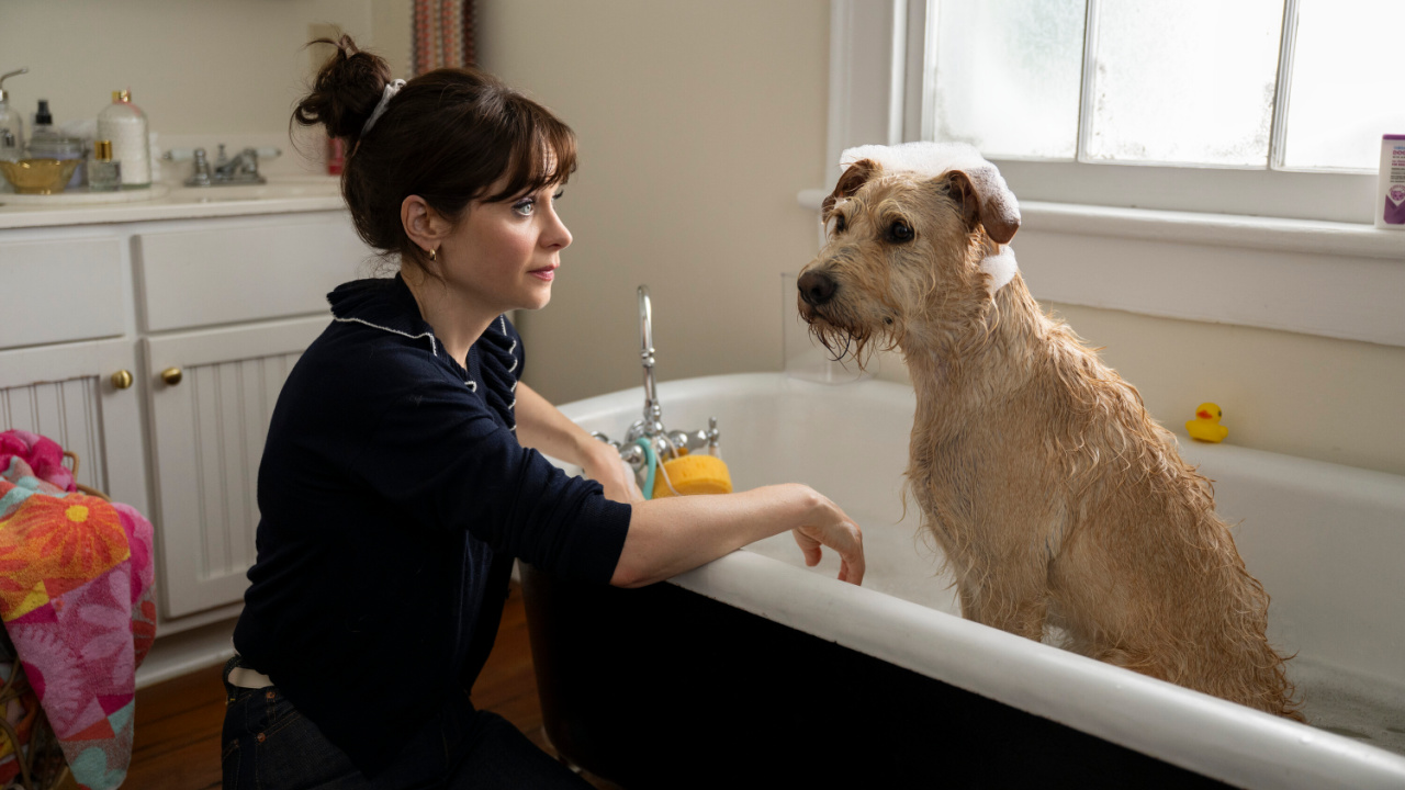 (L to R) Zooey Deschanel and Gus in 'Merv'. Photo Credit: Wilson Webb/Prime Video. © Amazon Content Services LLC.