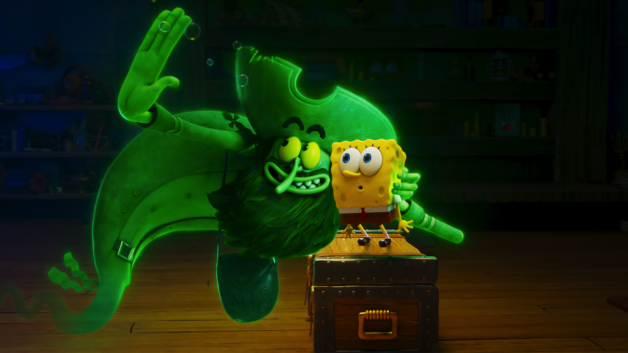 Flying Dutchman (Mark Hamill) and SpongeBob SquarePants (Tom Kenny) in ‘The SpongeBob Movie: Search For SquarePants’ from Paramount Animation and Nickelodeon.