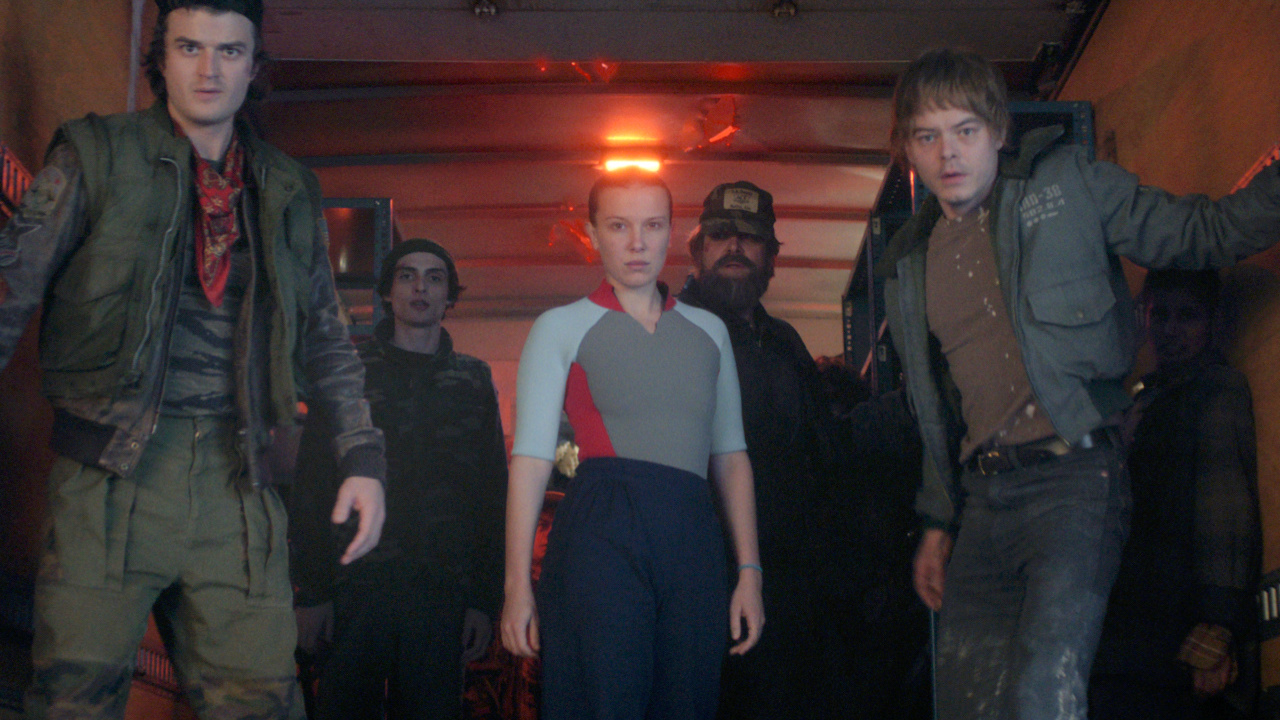 (L to R) Joe Keery as Steve Harrington, Finn Wolfhard as Mike Wheeler, Millie Bobby Brown as Eleven, David Harbour as Jim Hopper, and Charlie Heaton as Jonathan Byers in ‘Stranger Things: Season 5 Vol 2.’ Photo: Courtesy of Natflix © 2025.