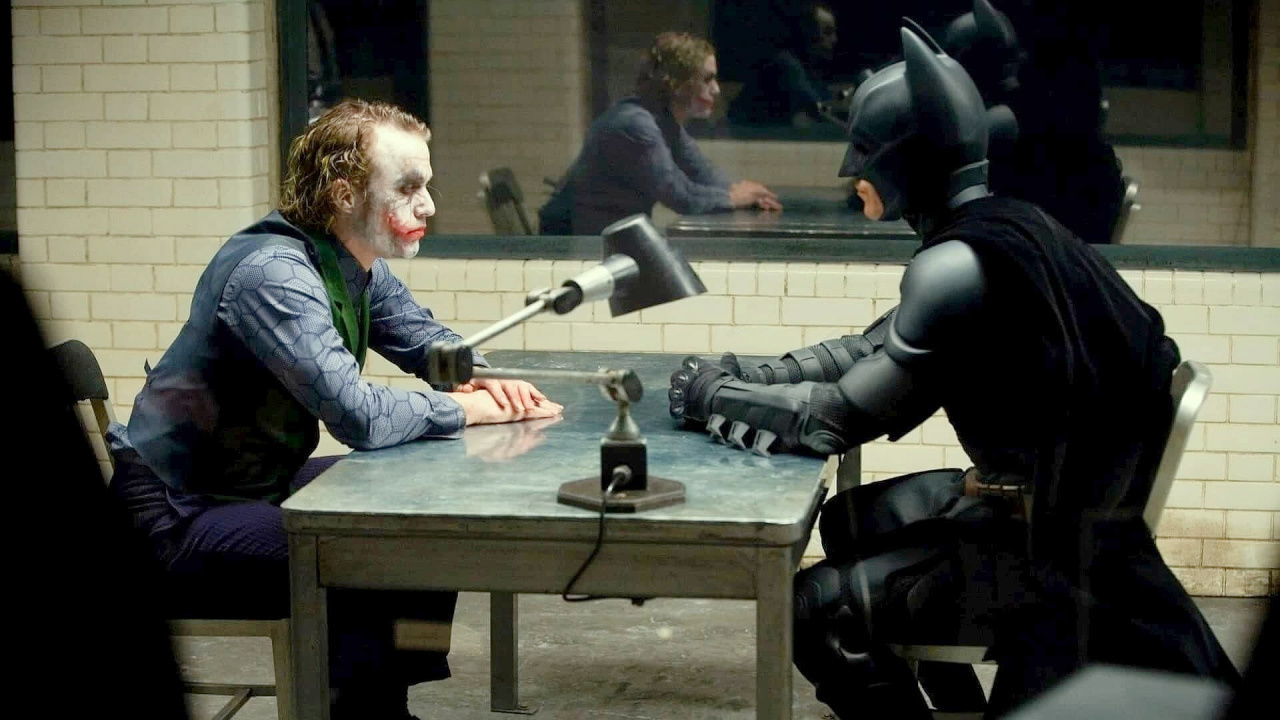 (L to R) Heath Ledger and Christian Bale in 'The Dark Knight'. Photo: Warner Bros. Pictures.