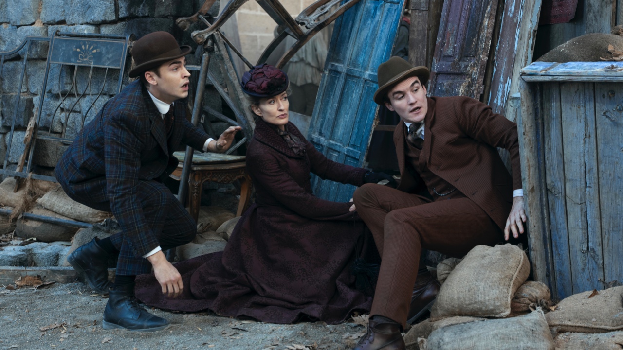 (L to R): Hero Fiennes Tiffin, Natasha McElhone and Dónal Finn in Prime Video's 'Young Sherlock.' Photo: Dan Smith.