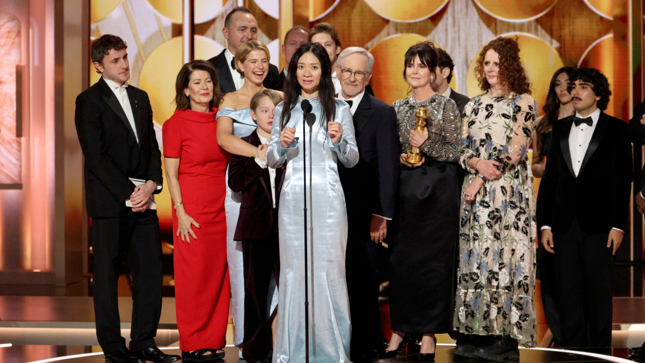 (L to R) Paul Mescal, Pippa Harris, Nicolas Gonda, Jessie Buckley, Jacobi Jupe, Max Richter, ChloÈ Zhao, Steven Spielberg, Joe Alwyn, Liza Marshall and Maggie O'Farrell accept the Best Motion Picture ñ Drama Award for for 'Hamnet' onstage during the 83rd Annual Golden Globes®, airing live from the Beverly Hilton in Beverly Hills, California on Sunday, January 11, 2026 at 8 PM ET/5 PM PT, on CBS and streaming on Paramount+. Photo: Kevork Djansezian/CBS ©2026 CBS Broadcasting, Inc. All Rights Reserved.