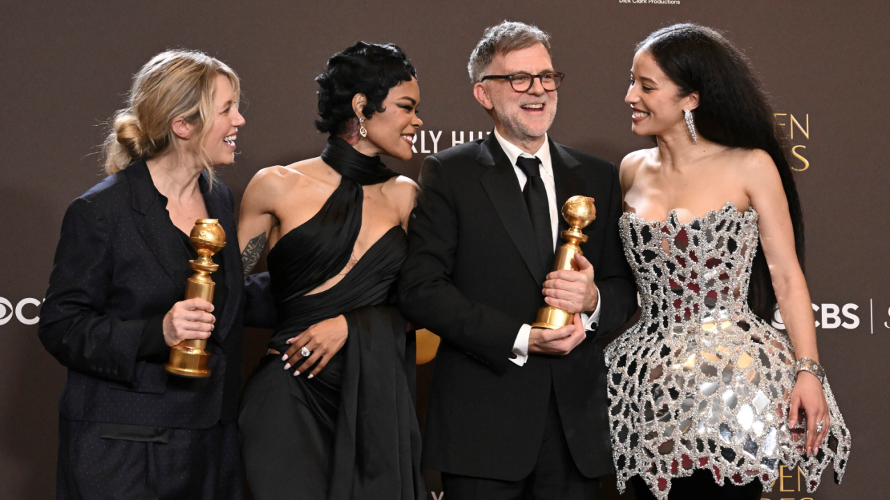 (L to R) Sara Murphy, Teyana Taylor, Paul Thomas Anderson, and Chase Infiniti win Best Motion Picture - Musical or Comedy for 'One Battle After Another' at the 83rd Annual Golden Globes®, airing live from the Beverly Hilton in Beverly Hills, California on Sunday, January 11, 2026 at 8 PM ET/5 PM PT, on CBS and streaming on Paramount+. Photo: Phil McCarten/CBS ©2026 CBS Broadcasting, Inc. All Rights Reserved.