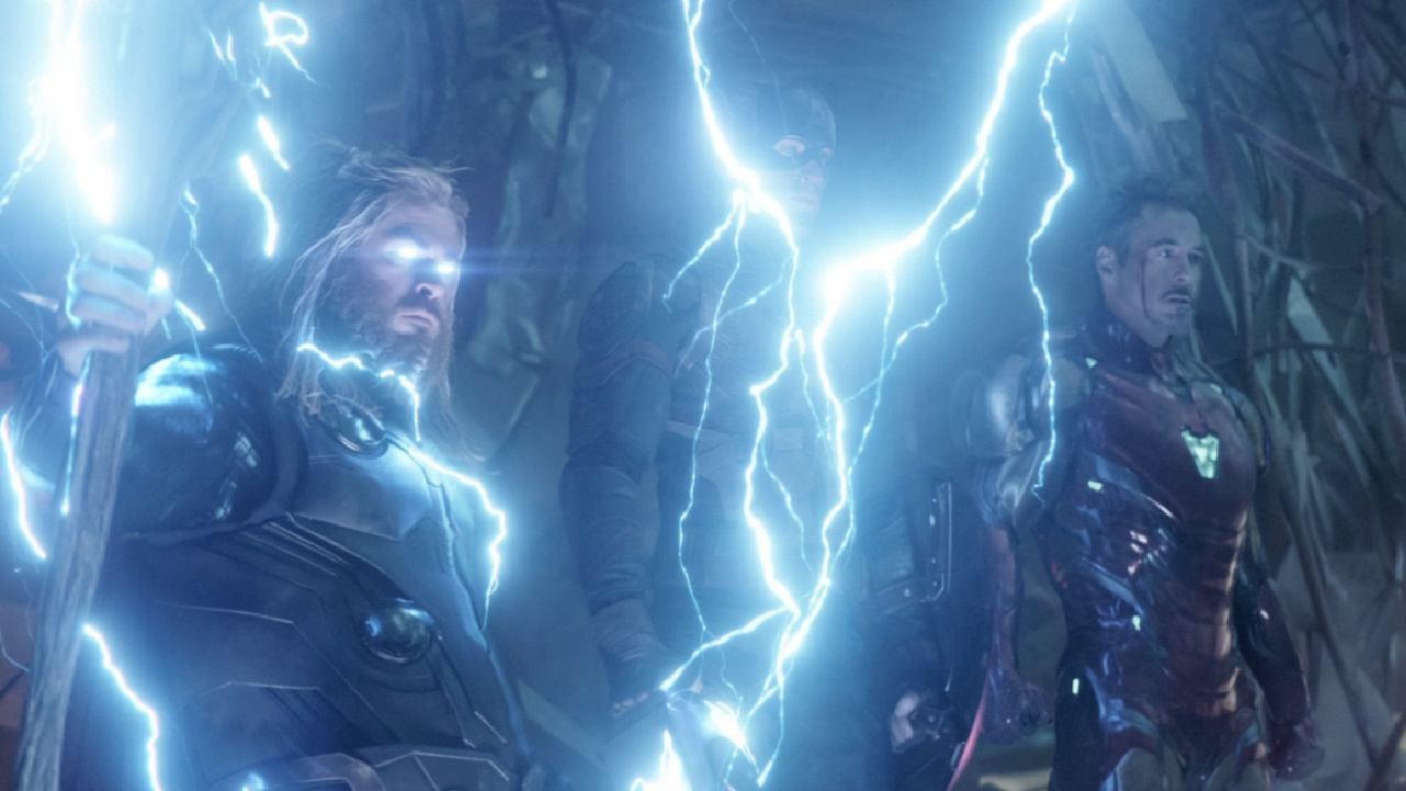 (L to R) Chris Hemsworth, Chris Evans and Robert Downey Jr. in 'Avengers: Endgame'. Photo: Marvel Studios.