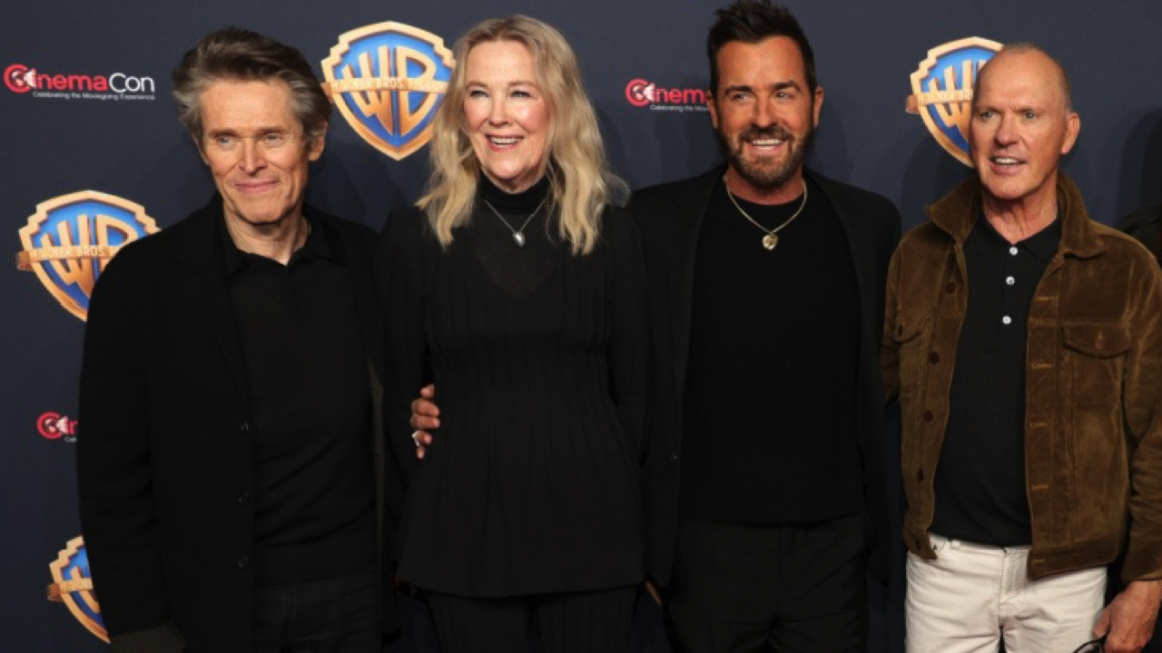 (L to R) Willem Dafoe, Catherine O'Hara, Justin Theroux and Michael Keaton for 'Beetlejuice Beetlejuice' at CinemaCon 2024. Photo: Warner Bros.