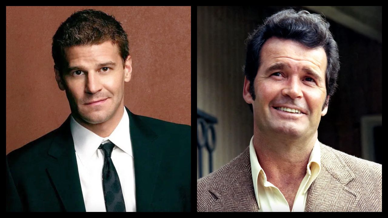 (Left) David Boreanaz in 'Bones'. Photo: 20th Century Fox Television. (Right) James Garner in 'The Rockford Files'. Photo: Universal Television.