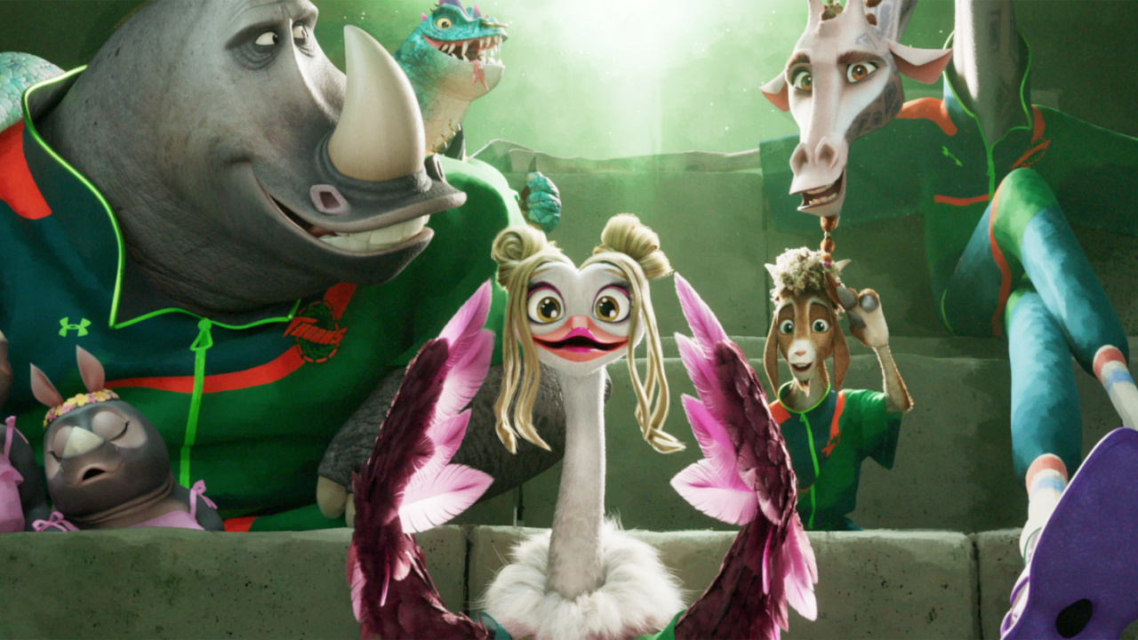 Archie (David Harbour) with his daughters, Modo (Nick Kroll), Olivia (Nicola Coughlan), Will (Caleb McLaughlin) and Lenny (Stephen Curry) in Columbia Pictures’ and Sony Pictures Animation’s 'Goat'. © 2025 CTMG, Inc. All Rights Reserved.