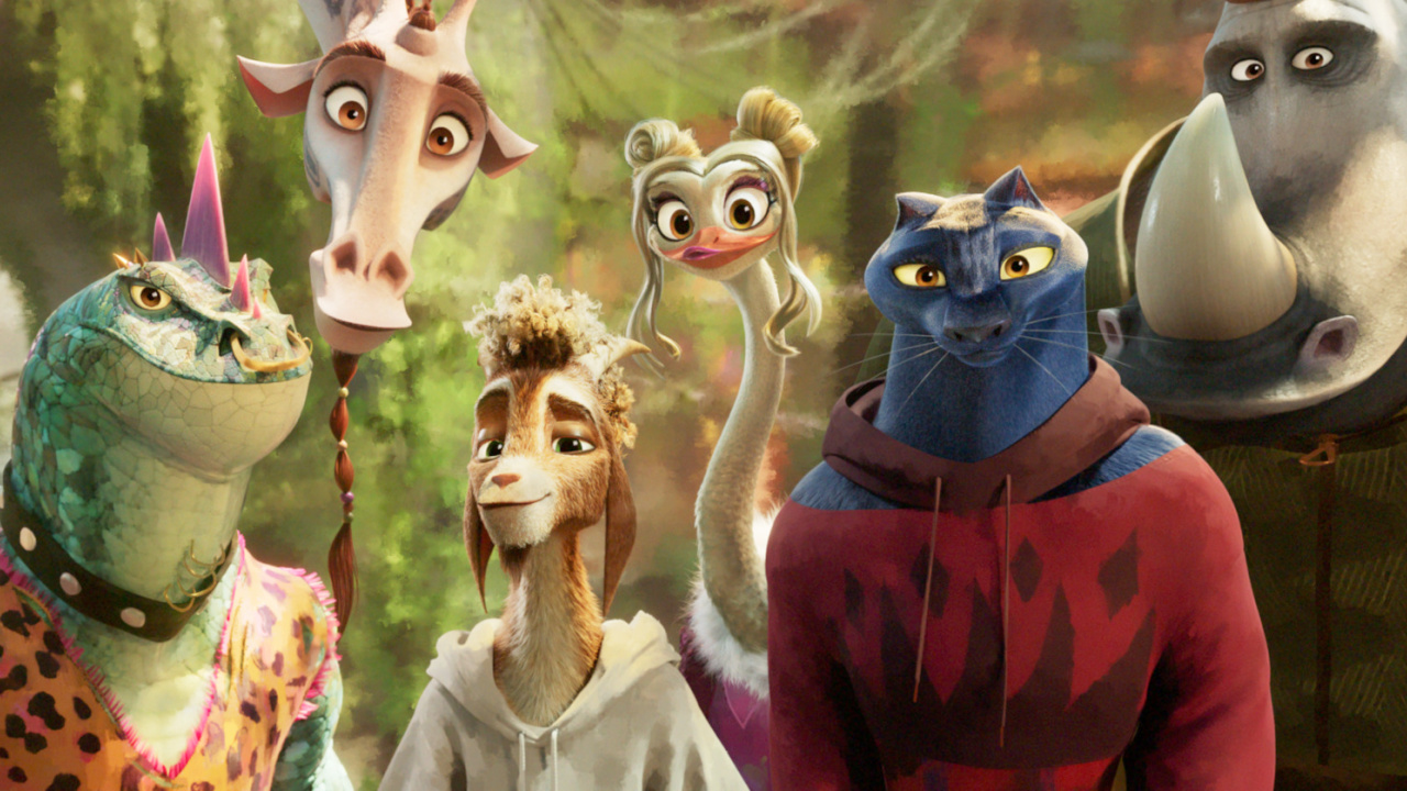 (L to R) Modo (Nick Kroll), Lenny (Stephen Curry), Will (Caleb McLaughlin), Olivia (Nicola Coughlan), Jett (Gabrielle Union) and Archie (David Harbour) in Columbia Pictures and Sony Pictures Animation's 'Goat'. © 2026 CTMG, Inc. All Rights Reserved.