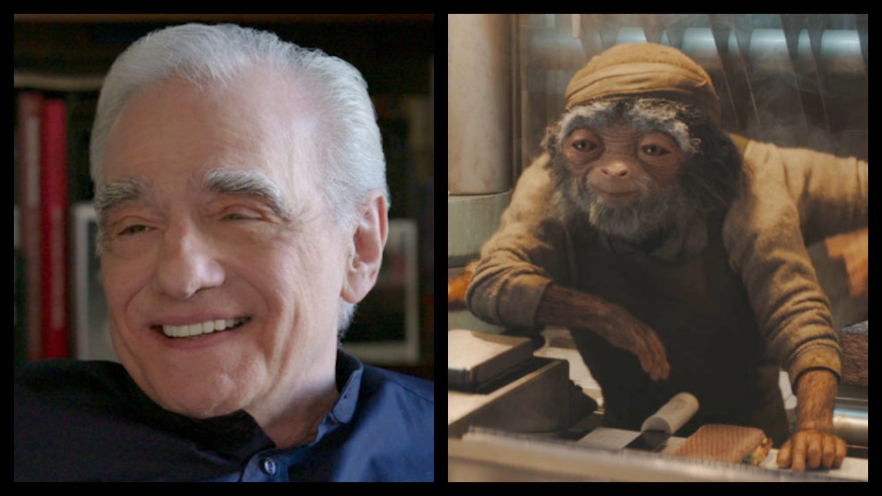 (Left) Martin Scorsese in 'Mr. Scorsese,' premiering October 17, 2025 on Apple TV+. (Right) The Fry Cook in Lucasfilm's 'The Mandalorian and Grogu'. Photo courtesy of Lucasfilm. © 2026 Lucasfilm Ltd™. All Rights Reserved.