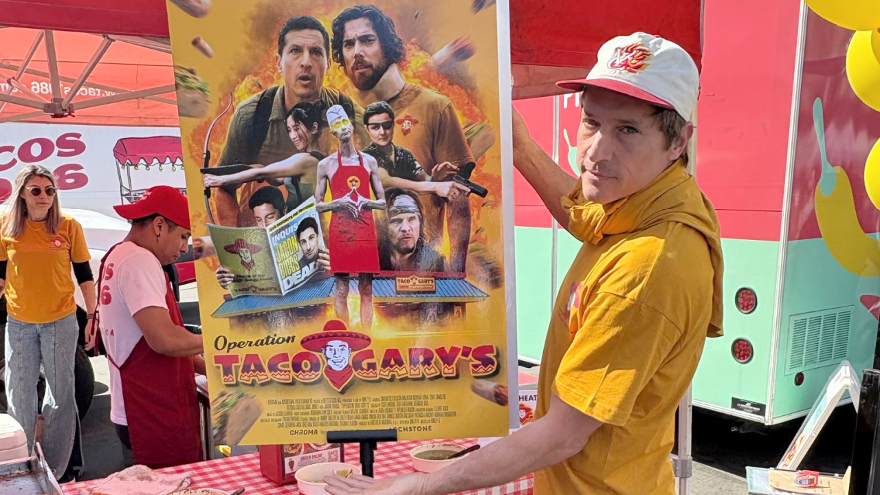 Simon Rex attends Smorgasburg LA in downtown Los Angeles at the Tacos 1986 truck for 'Operation Taco Gary's'. Photo: Courtesy of Jami Philbrick.
