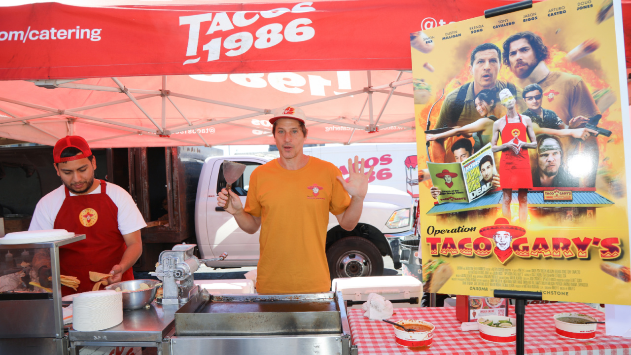 Simon Rex attends Smorgasburg LA in downtown Los Angeles at the Tacos 1986 truck for 'Operation Taco Gary's'. Photo: Michelle Felix.