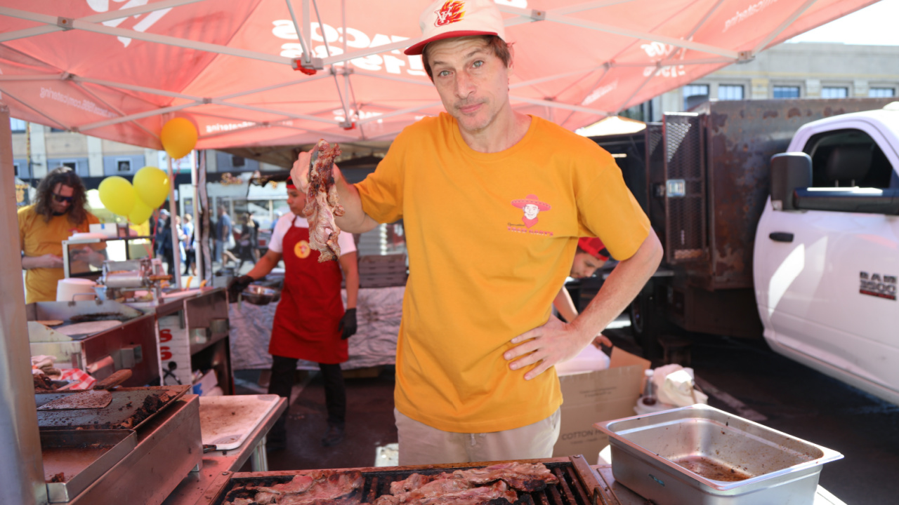 Simon Rex attends Smorgasburg LA in downtown Los Angeles at the Tacos 1986 truck for 'Operation Taco Gary's'. Photo: Michelle Felix.