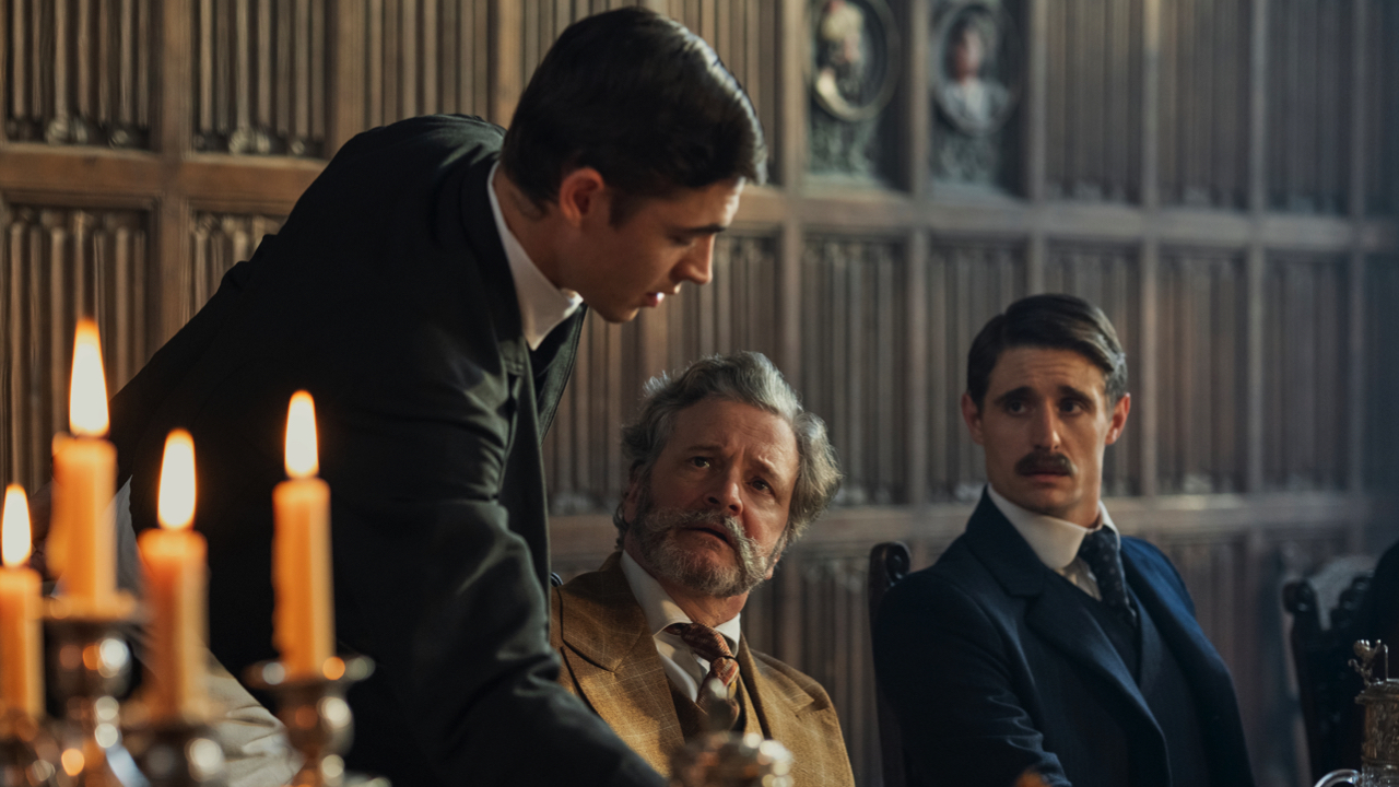 (L to R): Hero Fiennes Tiffin, Colin Firth and Max Irons in Prime Video's 'Young Sherlock.' Photo: Daniel Smith.