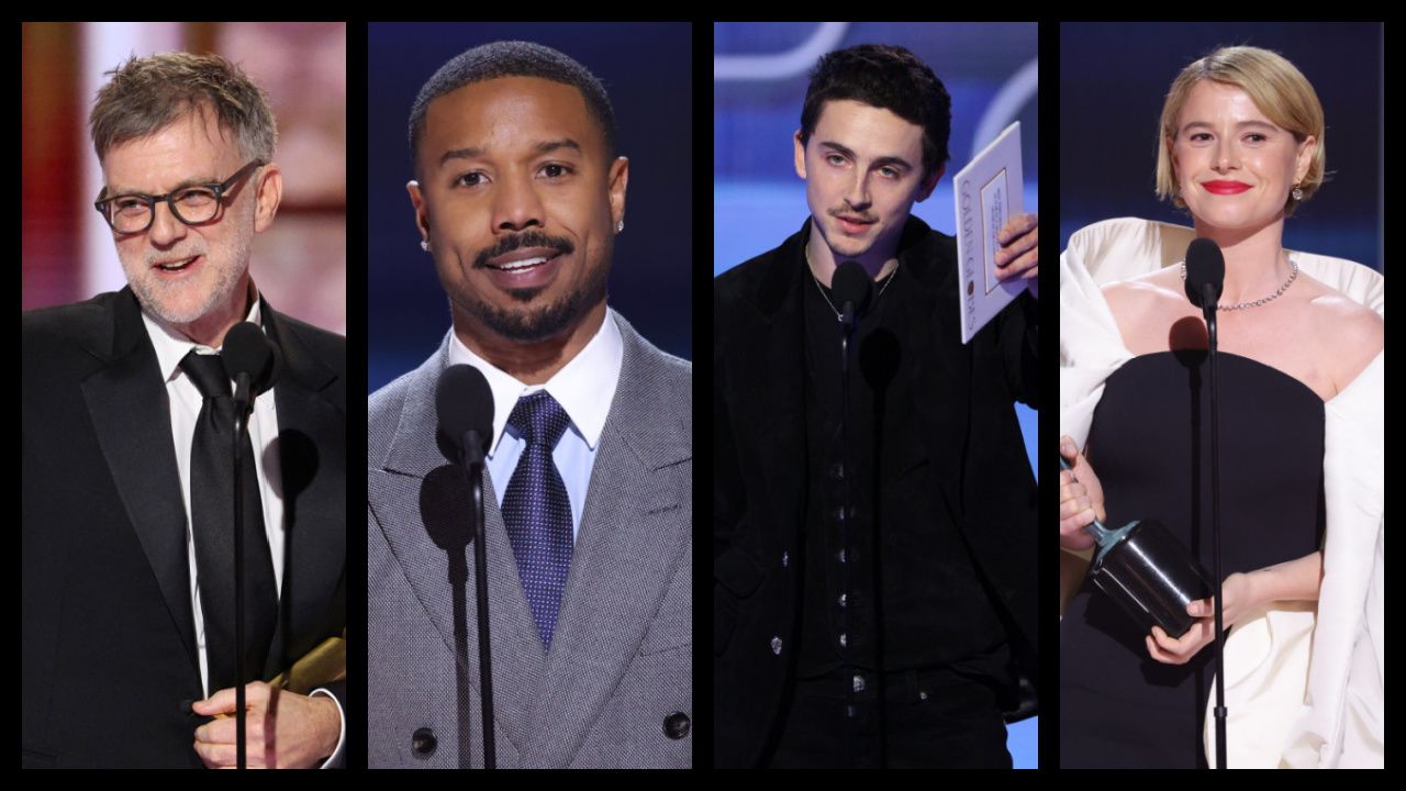 (Far Left)) Paul Thomas Anderson accepts the Best Director Award for 'One Battle After Another' onstage during the 83rd Annual Golden Globes®, airing live from the Beverly Hilton in Beverly Hills, California on Sunday, January 11, 2026 at 8 PM ET/5 PM PT, on CBS and streaming on Paramount+. Photo: Kevork Djansezian/CBS ©2026 CBS Broadcasting, Inc. All Rights Reserved. (Center Left) Michael B. Jordan wins Outstanding Performance by a Male Actor in a Leading Role for 'Sinners' at the 32nd Annual Actor Awards. Photo by Rich Polk/Shutterstock for The Actor Awards. (Center Right) Timothee Chalamet accepts the Best Actor in a Motion Picture ñ Musical or Comedy Award for 'Marty Supreme' onstage during the 83rd Annual Golden Globes®, airing live from the Beverly Hilton in Beverly Hills, California on Sunday, January 11, 2026 at 8 PM ET/5 PM PT, on CBS and streaming on Paramount+. Photo: Kevork Djansezian/CBS ©2026 CBS Broadcasting, Inc. All Rights Reserved. (Far Right) Jessie Buckley wins Outstanding Performance by a Female Actor in a Supporting Role for 'Hamnet' at the 32nd Annual Actor Awards. Photo by Rich Polk/Shutterstock for The Actor Awards.