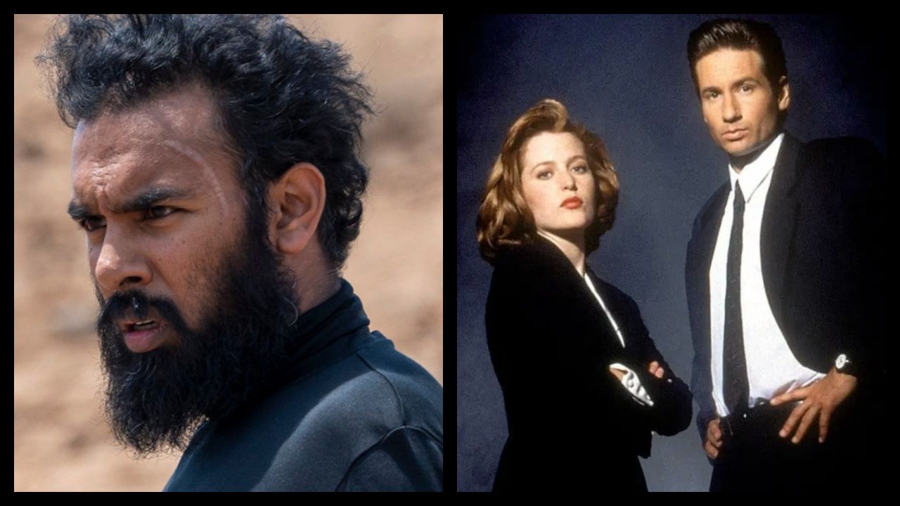 (Left) Himesh Patel in 'The Assessment', a Magnolia Pictures release. Photo credit: Cristina Rios. © 2024 Number 9 Films Assessment Limited, TA Co-Production GmbH, ShivHans Productions, LLC, TA2022 Investors, LLC, Tiki Tāne Pictures, LLC. Photo courtesy of Magnolia Pictures. (Right) David Duchovny and Gillian Anderson in 'The X-Files'. Photo: 20th Century Fox Television.